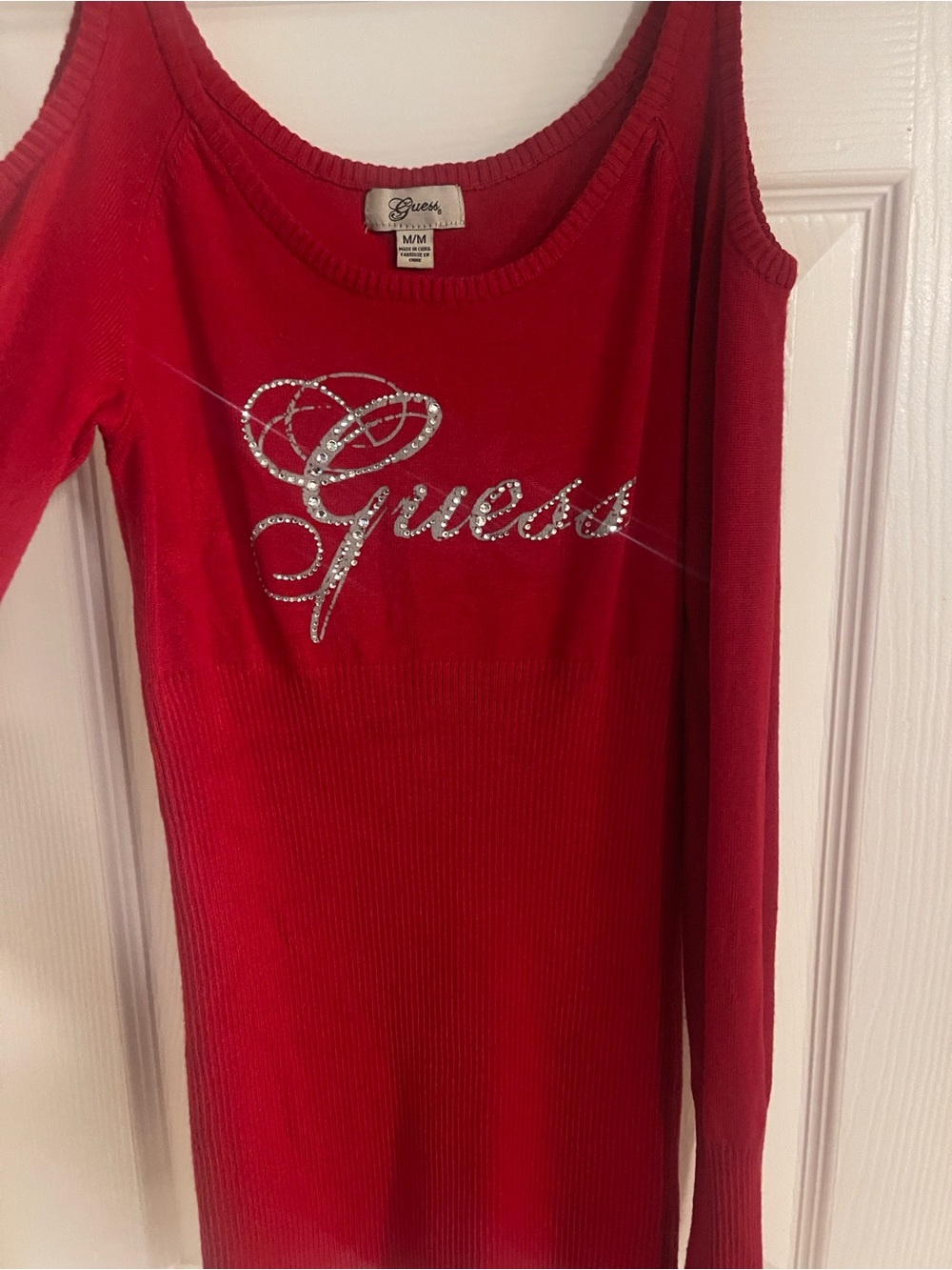 Guess Red Rhinestone Logo Cold-Shoulder Tank Top